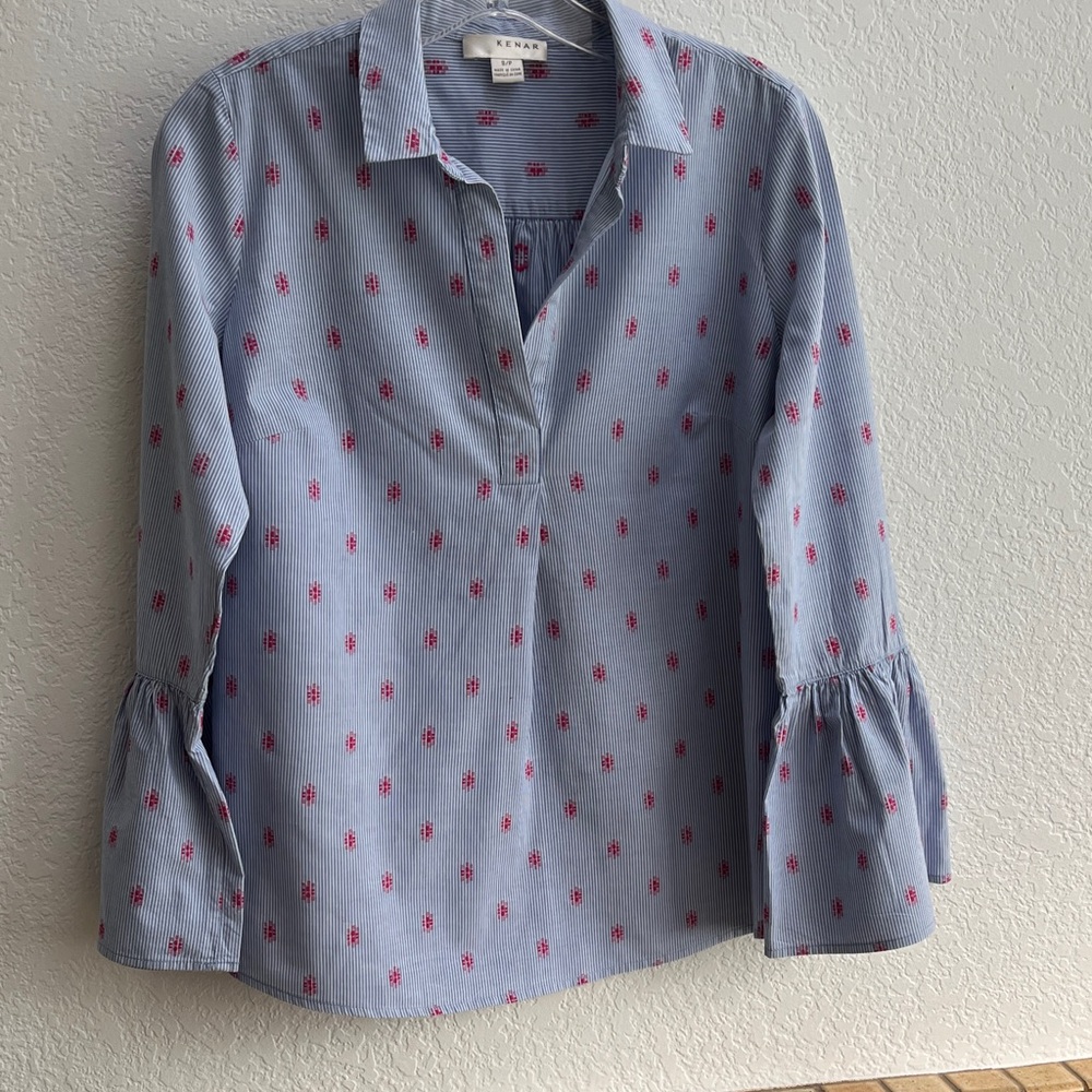 Kenar Blue Blouse with Pink Floral Pattern